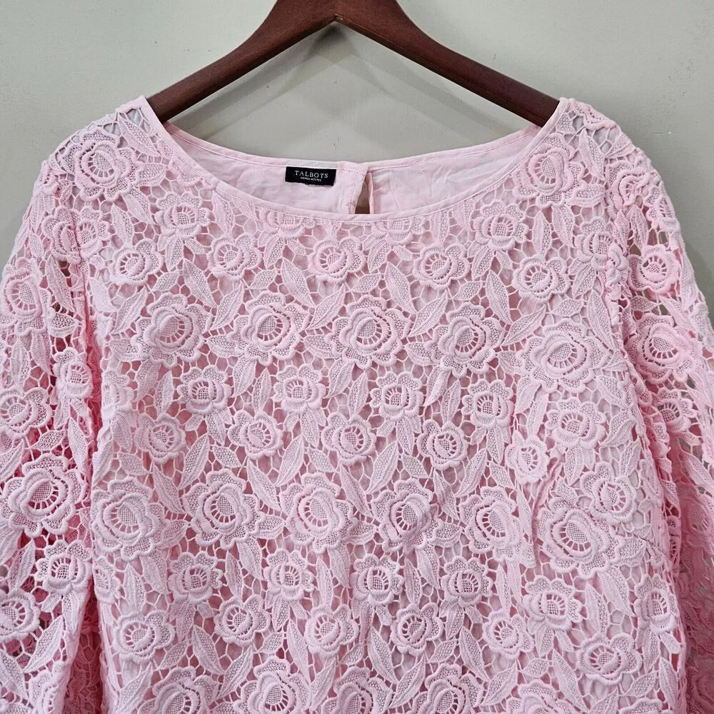 Talbots Womens Lace Shirt Petite Bubblegum Pink 3/4 Sleeves Regency Royalcore